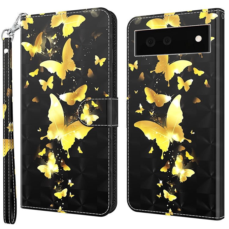 Foldable Stand 3D Pattern Printing PU Leather Wallet Phone Case Shell with Strap for Google Pixel 6a - Golden Butterfly