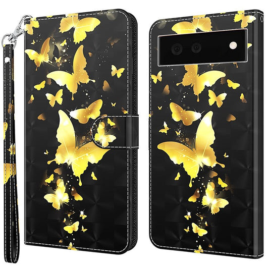 Foldable Stand 3D Pattern Printing PU Leather Wallet Phone Case Shell with Strap for Google Pixel 6a - Golden Butterfly