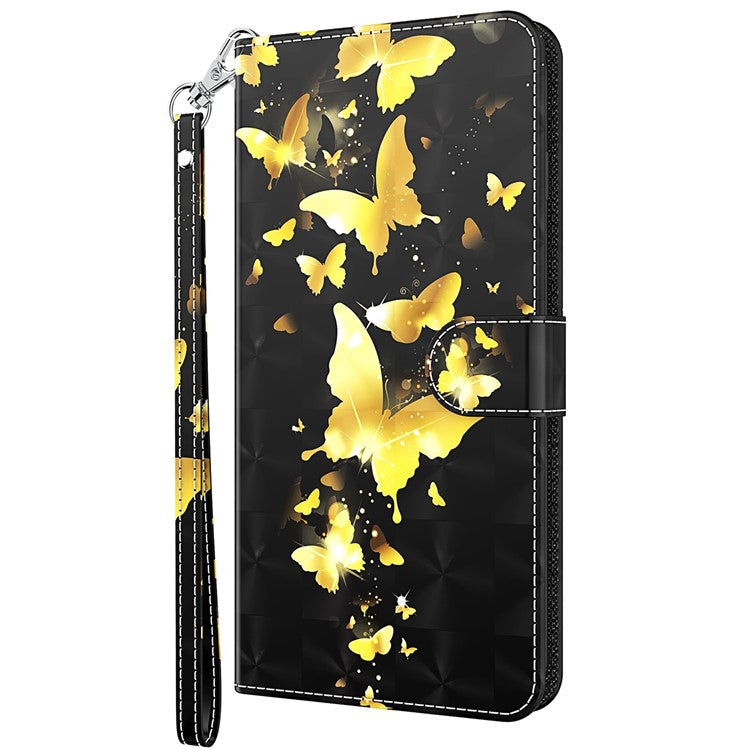 Foldable Stand 3D Pattern Printing PU Leather Wallet Phone Case Shell with Strap for Google Pixel 6a - Golden Butterfly