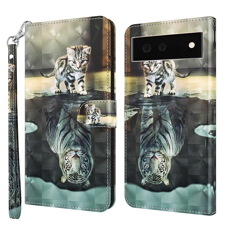 Foldable Stand 3D Pattern Printing PU Leather Wallet Phone Case Shell with Strap for Google Pixel 6a - Cat and Tiger