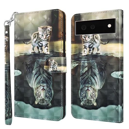 Foldable Stand 3D Pattern Printing PU Leather Wallet Phone Case Shell with Strap for Google Pixel 6a - Cat and Tiger