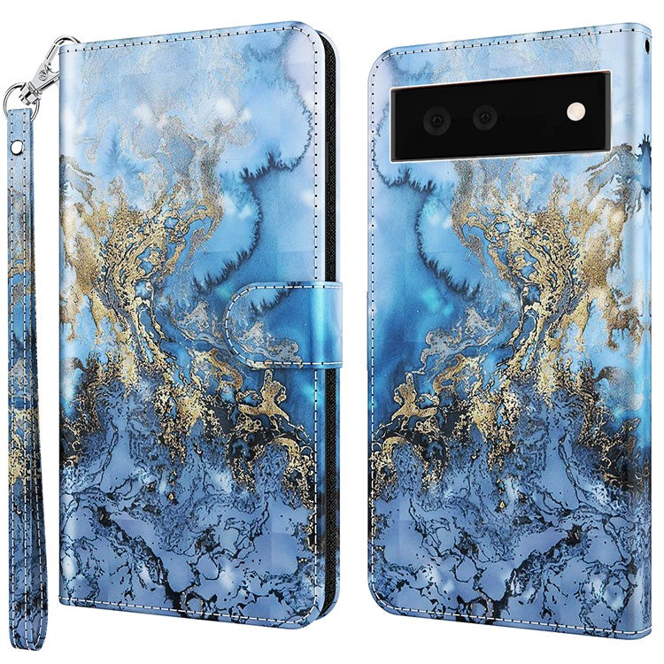 Foldable Stand 3D Pattern Printing PU Leather Wallet Phone Case Shell with Strap for Google Pixel 6a - Bauhinia Valley