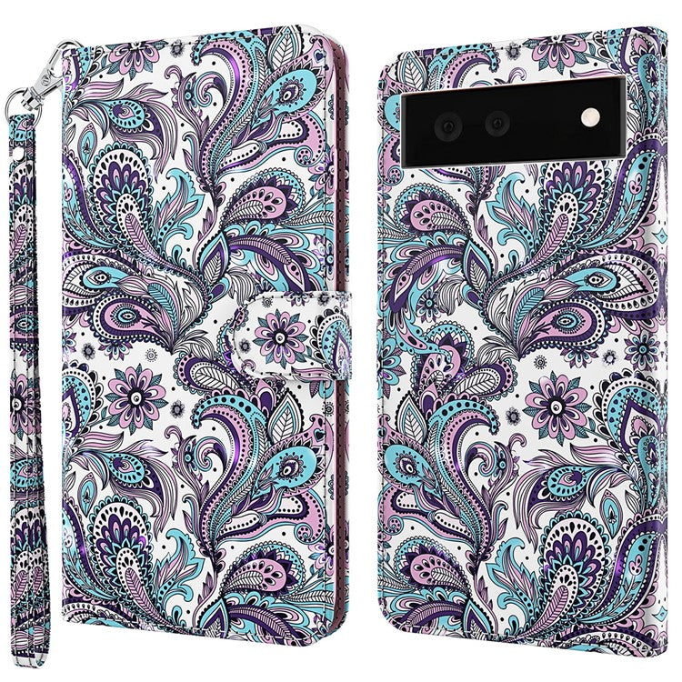 Foldable Stand 3D Pattern Printing PU Leather Wallet Phone Case Shell with Strap for Google Pixel 6a - Purple Impatiens