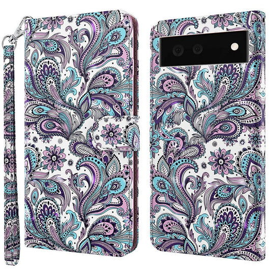 Foldable Stand 3D Pattern Printing PU Leather Wallet Phone Case Shell with Strap for Google Pixel 6a - Purple Impatiens