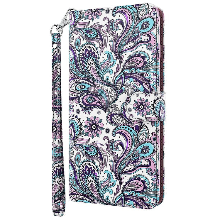 Foldable Stand 3D Pattern Printing PU Leather Wallet Phone Case Shell with Strap for Google Pixel 6a - Purple Impatiens