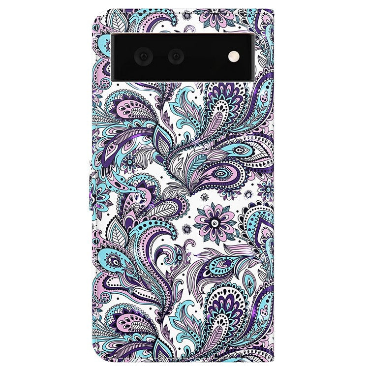 Foldable Stand 3D Pattern Printing PU Leather Wallet Phone Case Shell with Strap for Google Pixel 6a - Purple Impatiens
