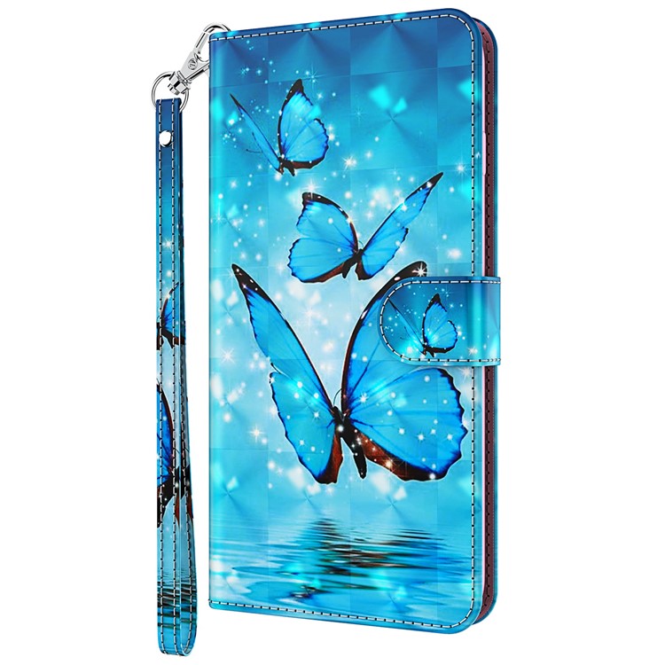Foldable Stand 3D Pattern Printing PU Leather Wallet Phone Case Shell with Strap for Google Pixel 6a - Blue Butterflies