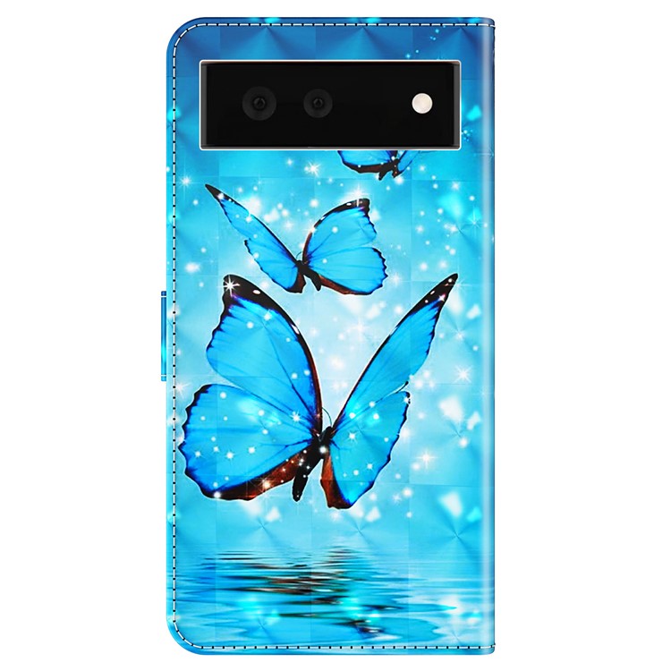 Foldable Stand 3D Pattern Printing PU Leather Wallet Phone Case Shell with Strap for Google Pixel 6a - Blue Butterflies