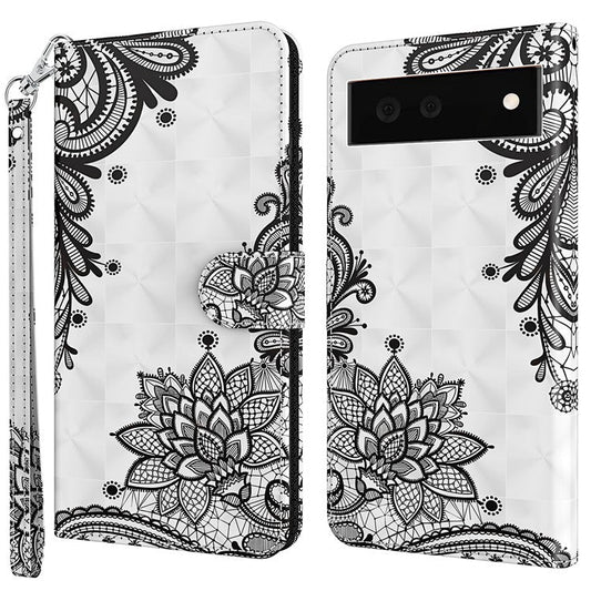 Foldable Stand 3D Pattern Printing PU Leather Wallet Phone Case Shell with Strap for Google Pixel 6a - Lace Flower