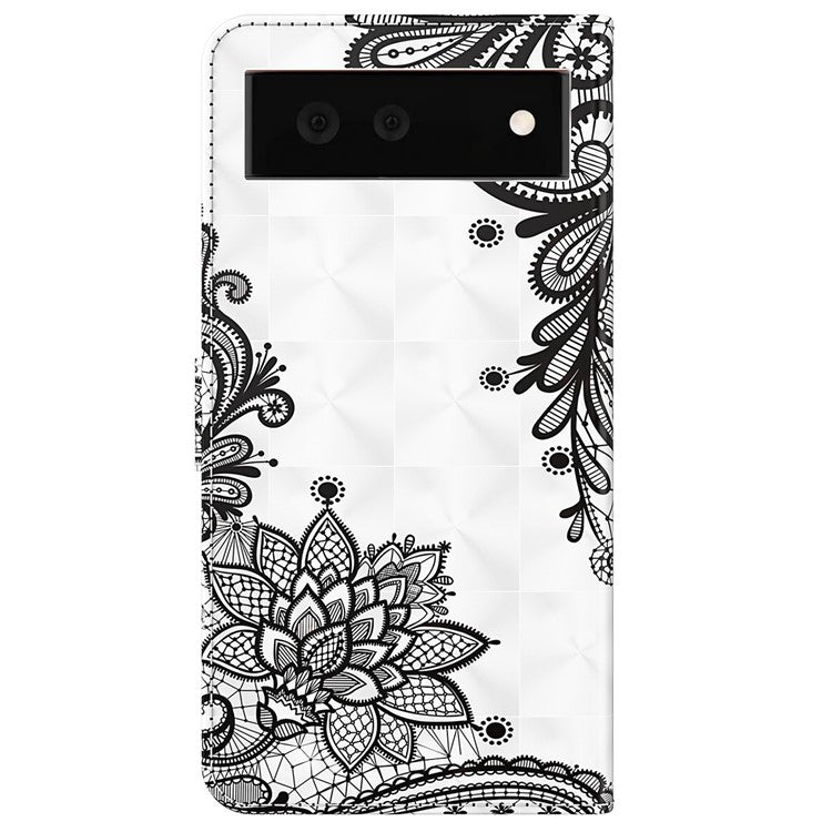 Foldable Stand 3D Pattern Printing PU Leather Wallet Phone Case Shell with Strap for Google Pixel 6a - Lace Flower