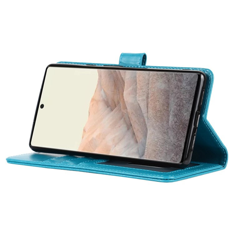 R61 Texture Felled Seam Shockproof Leather Case Wallet Stand Flip Phone Cover with Strap for Google Pixel 6 - Blue