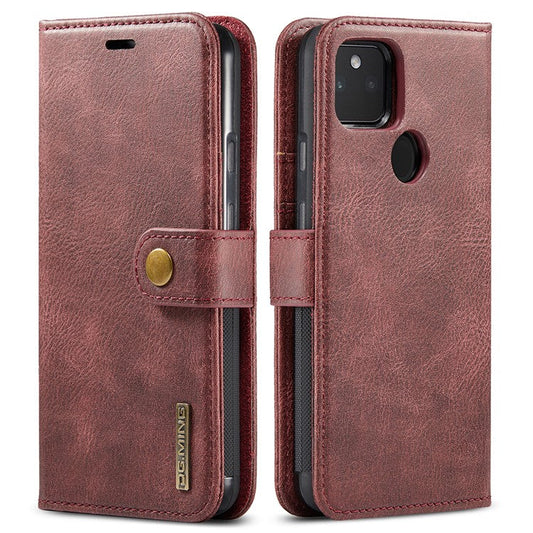 DG.MING Anti-scratch Mobile Phone Bag Split Leather Wallet Full Protection Cover Shell Detachable 2-in-1 TPU Inner Phone Case for Google Pixel 5a 5G - Red