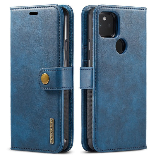 DG.MING Anti-scratch Mobile Phone Bag Split Leather Wallet Full Protection Cover Shell Detachable 2-in-1 TPU Inner Phone Case for Google Pixel 5a 5G - Blue