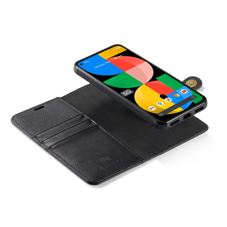 DG.MING Anti-scratch Mobile Phone Bag Split Leather Wallet Full Protection Cover Shell Detachable 2-in-1 TPU Inner Phone Case for Google Pixel 5a 5G - Black