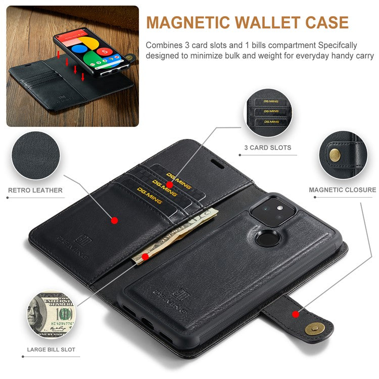 DG.MING Anti-scratch Mobile Phone Bag Split Leather Wallet Full Protection Cover Shell Detachable 2-in-1 TPU Inner Phone Case for Google Pixel 5a 5G - Black