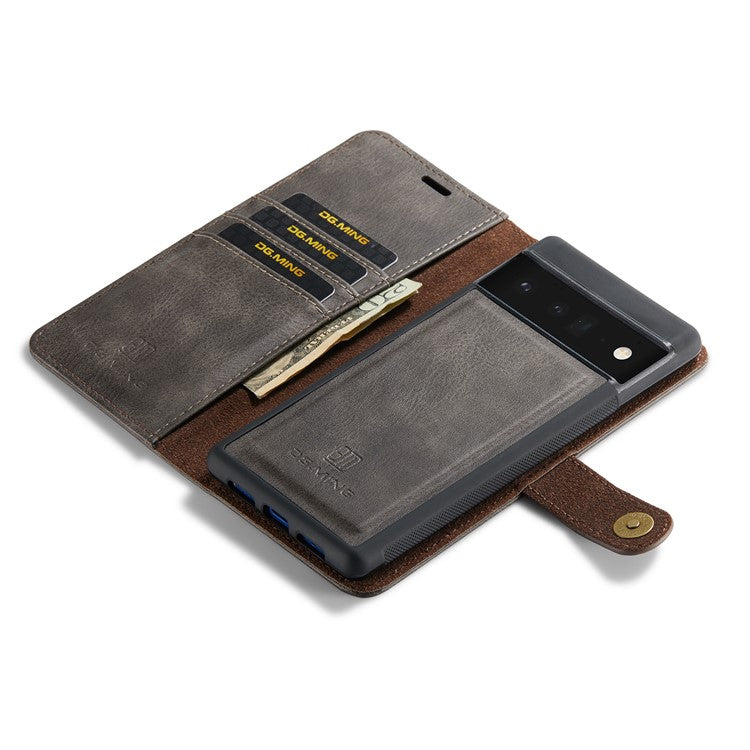 DG.MING Split Leather+TPU Inner Phone Case Wallet Magnetic Detachable 2-in-1 Phone Covering for Google Pixel 6 Pro - Grey
