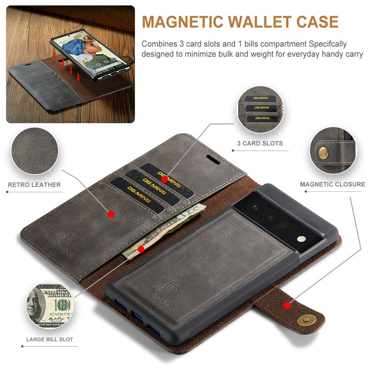 DG.MING Split Leather+TPU Inner Phone Case Wallet Magnetic Detachable 2-in-1 Phone Covering for Google Pixel 6 Pro - Grey
