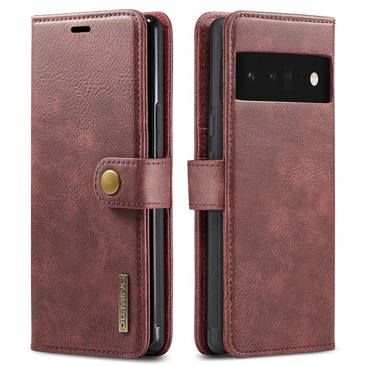 DG.MING Split Leather+TPU Inner Phone Case Wallet Magnetic Detachable 2-in-1 Phone Covering for Google Pixel 6 Pro - Red