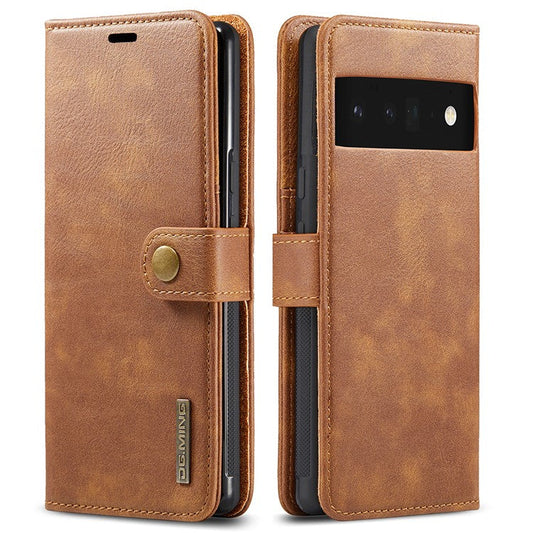 DG.MING Split Leather+TPU Inner Phone Case Wallet Magnetic Detachable 2-in-1 Phone Covering for Google Pixel 6 Pro - Brown