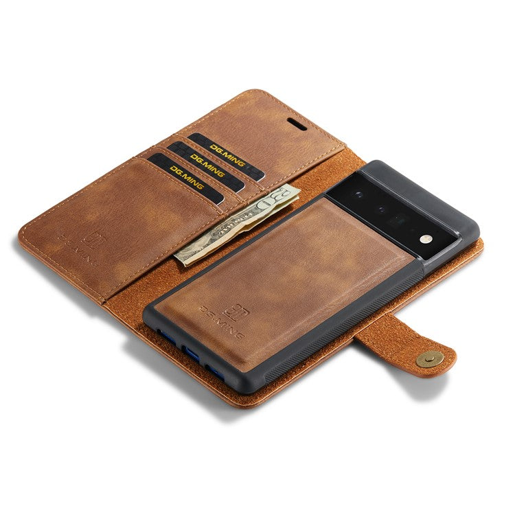 DG.MING Split Leather+TPU Inner Phone Case Wallet Magnetic Detachable 2-in-1 Phone Covering for Google Pixel 6 Pro - Brown