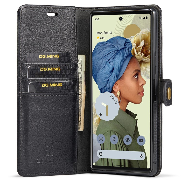DG.MING Split Leather+TPU Inner Phone Case Wallet Magnetic Detachable 2-in-1 Phone Covering for Google Pixel 6 Pro - Black