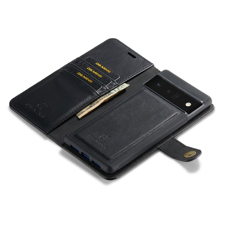 DG.MING Split Leather+TPU Inner Phone Case Wallet Magnetic Detachable 2-in-1 Phone Covering for Google Pixel 6 Pro - Black