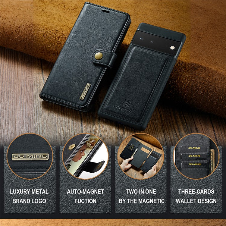 DG.MING Split Leather+TPU Inner Phone Case Wallet Magnetic Detachable 2-in-1 Phone Covering for Google Pixel 6 Pro - Black