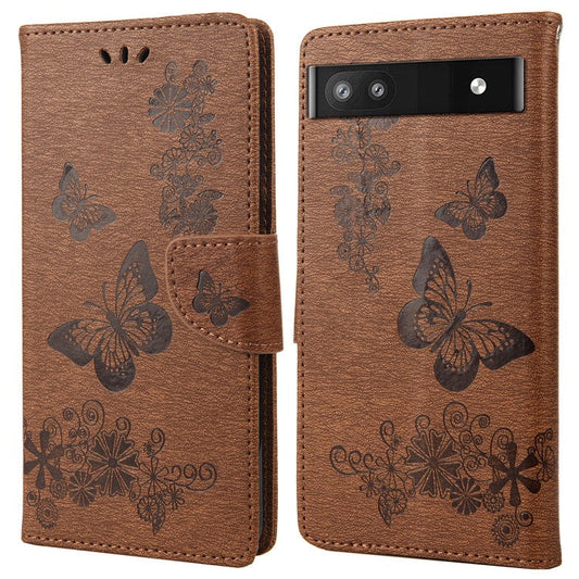 Anti-fingerprint Imprint Big Butterflies Leather Mobile Phone Case Stand Wallet Stand Covering for Google Pixel 6a - Brown