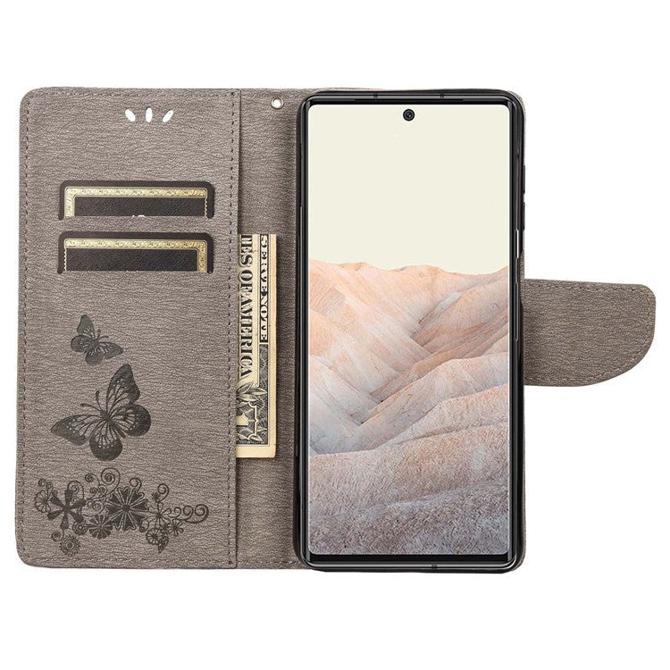 Anti-fingerprint Imprint Big Butterflies Leather Mobile Phone Case Stand Wallet Stand Covering for Google Pixel 6a - Grey