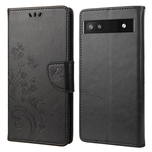 Stylish Imprint Butterflies Leather Phone Case Practical Wallet Stand Covering for Google Pixel 6a - Black