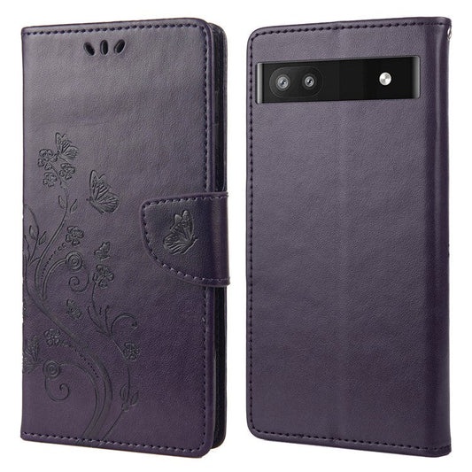 Stylish Imprint Butterflies Leather Phone Case Practical Wallet Stand Covering for Google Pixel 6a - Purple