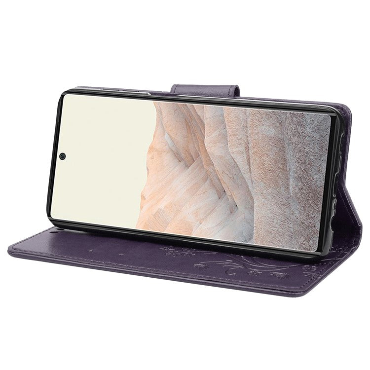Stylish Imprint Butterflies Leather Phone Case Practical Wallet Stand Covering for Google Pixel 6a - Purple