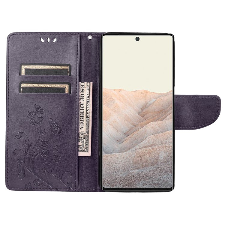 Stylish Imprint Butterflies Leather Phone Case Practical Wallet Stand Covering for Google Pixel 6a - Purple