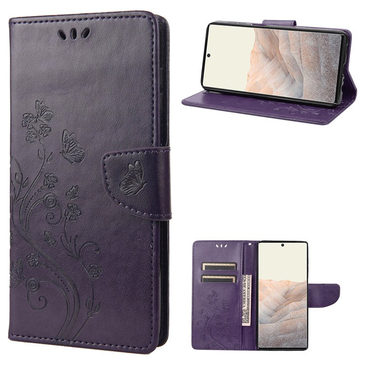 Stylish Imprint Butterflies Leather Phone Case Practical Wallet Stand Covering for Google Pixel 6a - Purple