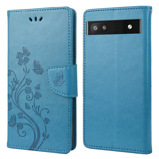 Stylish Imprint Butterflies Leather Phone Case Practical Wallet Stand Covering for Google Pixel 6a - Blue