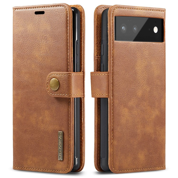 DG.MING Split Leather Cover Wallet Stand Design Detachable Magnetic Absorption Phone Case for Google Pixel 6 - Brown