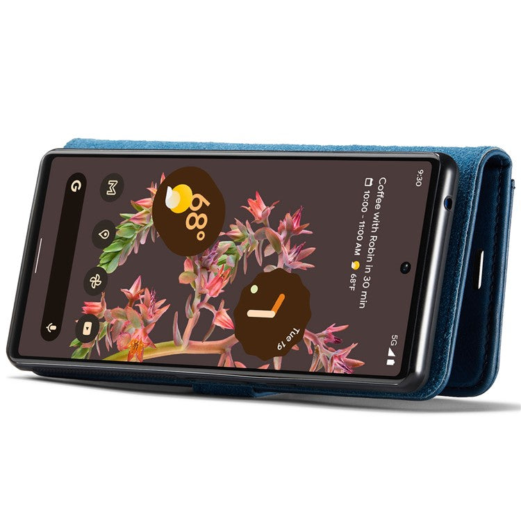 DG.MING Split Leather Cover Wallet Stand Design Detachable Magnetic Absorption Phone Case for Google Pixel 6 - Blue