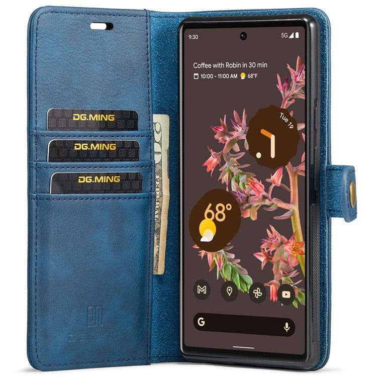 DG.MING Split Leather Cover Wallet Stand Design Detachable Magnetic Absorption Phone Case for Google Pixel 6 - Blue