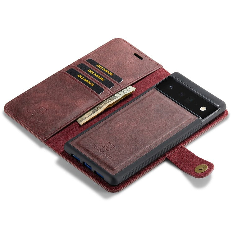 DG.MING Split Leather Cover Wallet Stand Design Detachable Magnetic Absorption Phone Case for Google Pixel 6 - Red