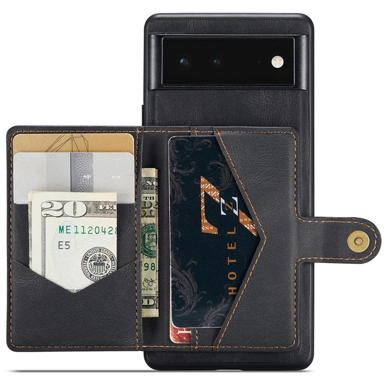 JEEHOOD Kickstand Function Detachable 2-in-1 Phone Case Drop-proof Wallet Magnetic Design Leather Coated TPU Cover for Google Pixel 6 - Black