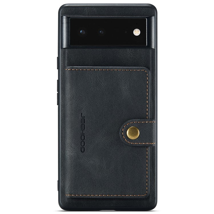JEEHOOD Kickstand Function Detachable 2-in-1 Phone Case Drop-proof Wallet Magnetic Design Leather Coated TPU Cover for Google Pixel 6 - Black