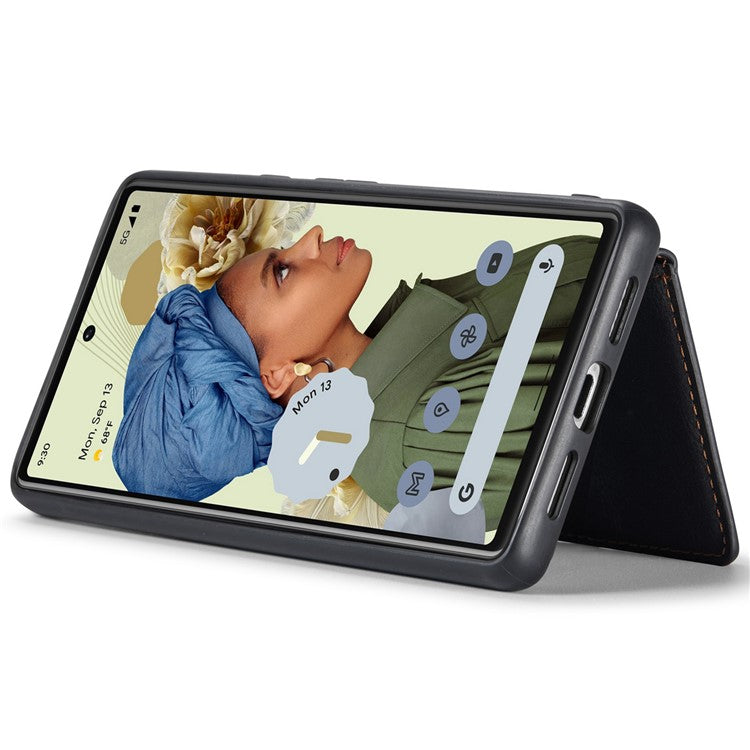 JEEHOOD Kickstand Function Detachable 2-in-1 Phone Case Drop-proof Wallet Magnetic Design Leather Coated TPU Cover for Google Pixel 6 - Black