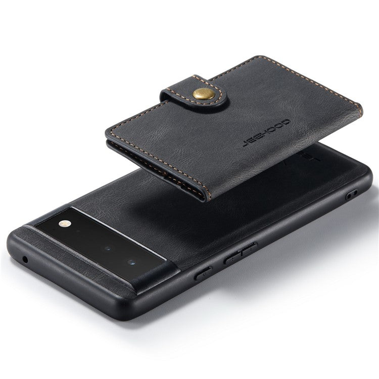 JEEHOOD Kickstand Function Detachable 2-in-1 Phone Case Drop-proof Wallet Magnetic Design Leather Coated TPU Cover for Google Pixel 6 - Black