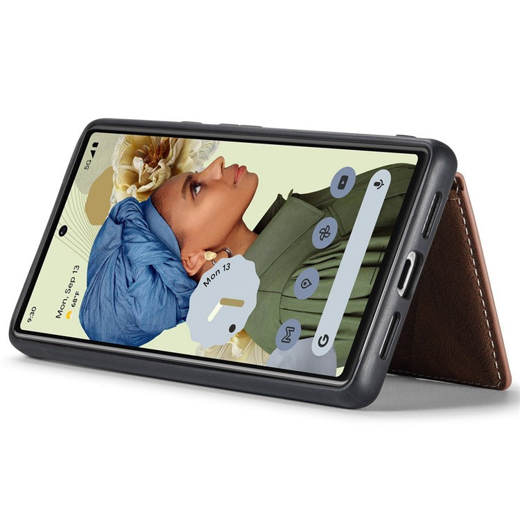 JEEHOOD Kickstand Function Detachable 2-in-1 Phone Case Drop-proof Wallet Magnetic Design Leather Coated TPU Cover for Google Pixel 6 - Brown