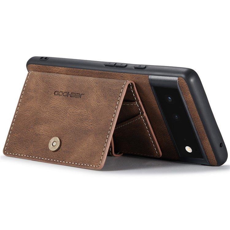 JEEHOOD Kickstand Function Detachable 2-in-1 Phone Case Drop-proof Wallet Magnetic Design Leather Coated TPU Cover for Google Pixel 6 - Brown
