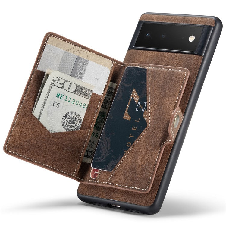 JEEHOOD Kickstand Function Detachable 2-in-1 Phone Case Drop-proof Wallet Magnetic Design Leather Coated TPU Cover for Google Pixel 6 - Brown