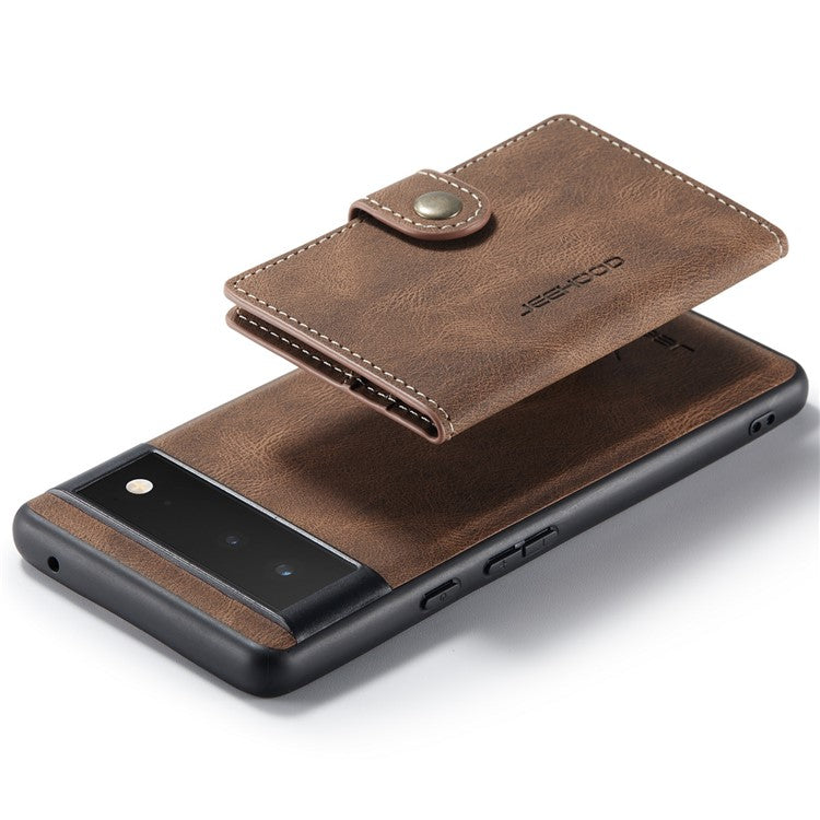 JEEHOOD Kickstand Function Detachable 2-in-1 Phone Case Drop-proof Wallet Magnetic Design Leather Coated TPU Cover for Google Pixel 6 - Brown