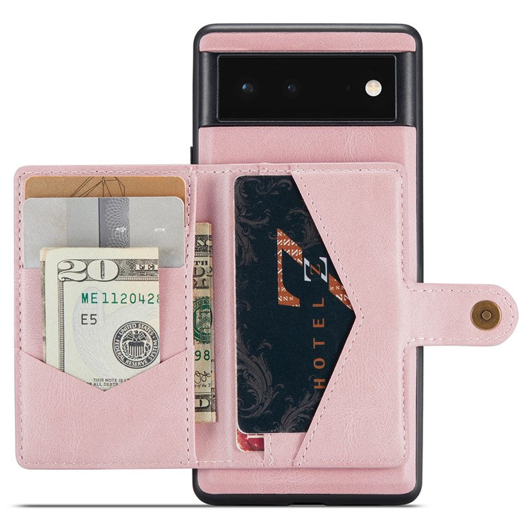 JEEHOOD Kickstand Function Detachable 2-in-1 Phone Case Drop-proof Wallet Magnetic Design Leather Coated TPU Cover for Google Pixel 6 - Rose Gold