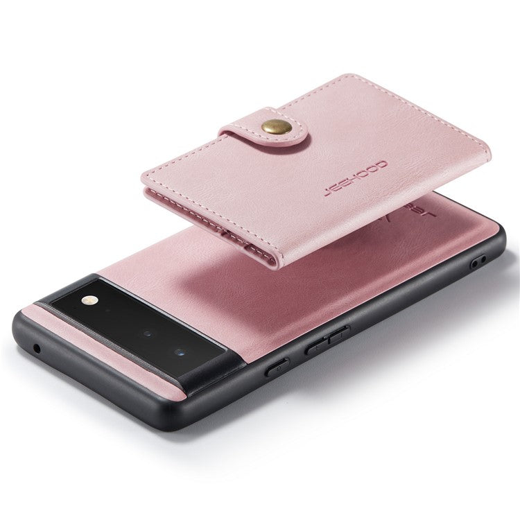 JEEHOOD Kickstand Function Detachable 2-in-1 Phone Case Drop-proof Wallet Magnetic Design Leather Coated TPU Cover for Google Pixel 6 - Rose Gold