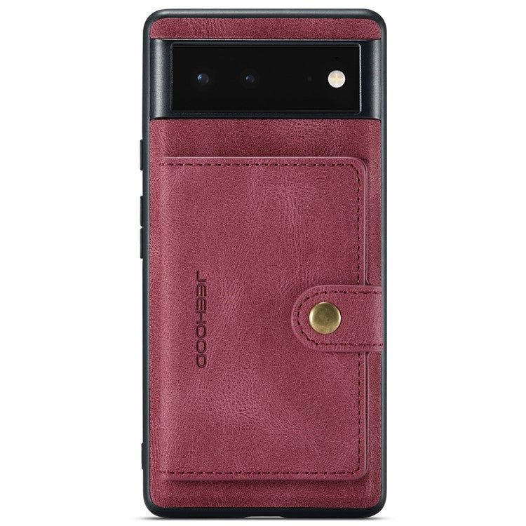 JEEHOOD Kickstand Function Detachable 2-in-1 Phone Case Drop-proof Wallet Magnetic Design Leather Coated TPU Cover for Google Pixel 6 - Red